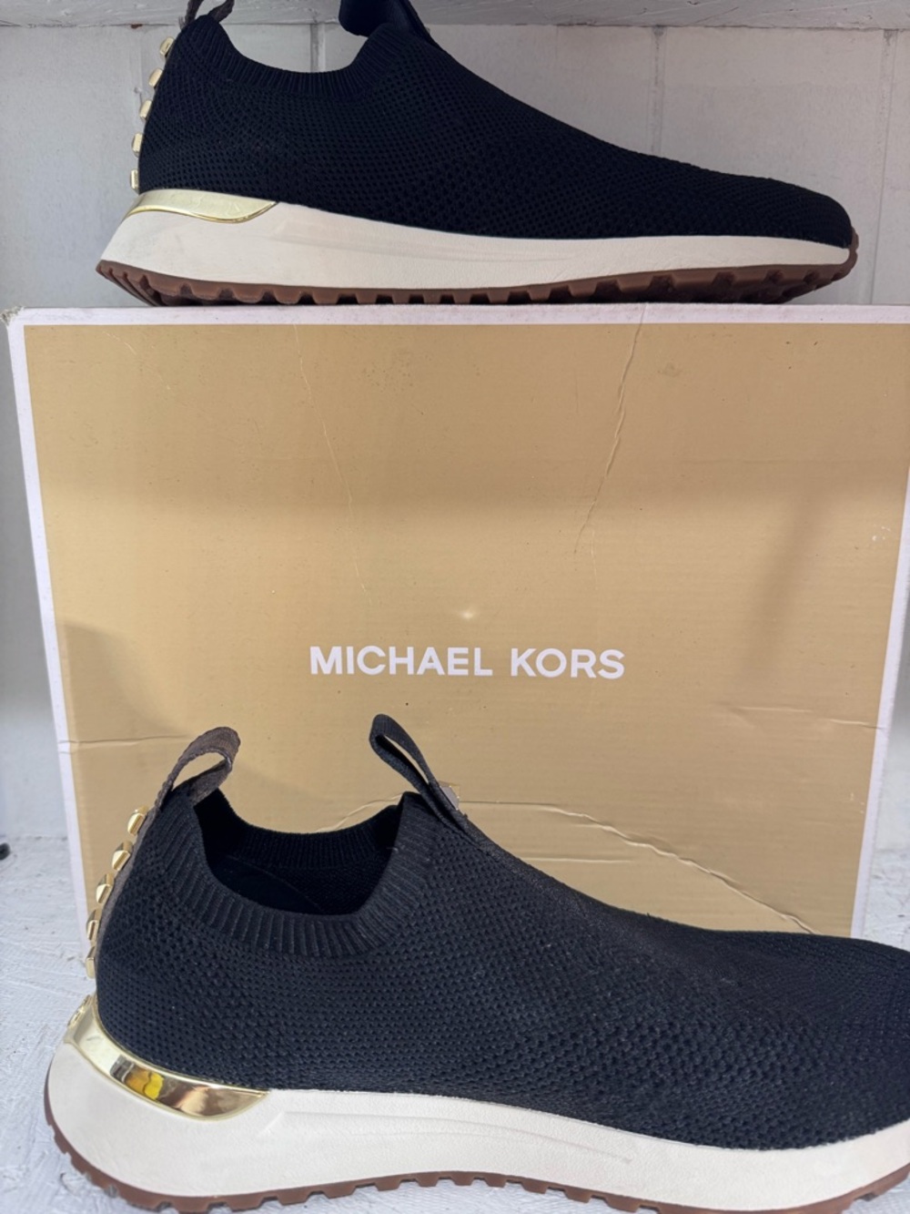 Michael Kors Black Knit Slip-On Sneakers with Gold Trim